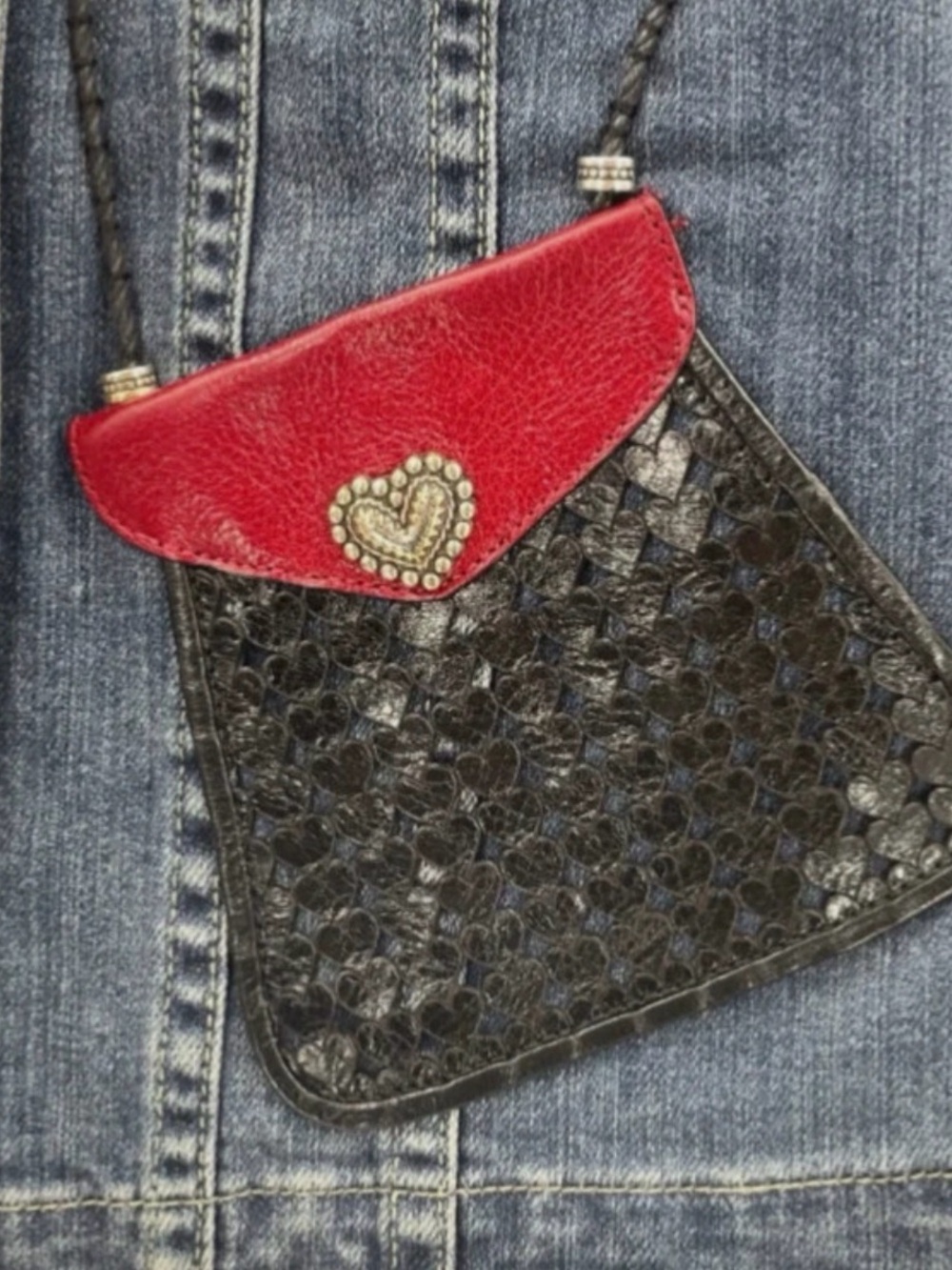 Medium Brighton Vintage Women's Denim Jacket, Genuine Leather Accents, Hearts - Picture 2 of 10